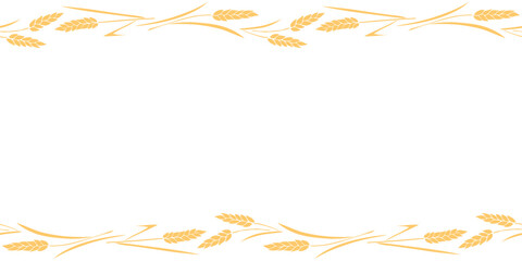 Vector Background, frame made of golden wheat or rye ears in flat style. Horizontal top and bottom edging, border, decoration on theme of bakery products, flour, harvest, thanksgiving - obrazy, fototapety, plakaty