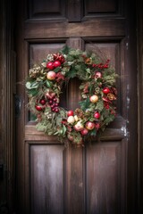 Fototapeta na wymiar christmas wreath hanging on a rustic wooden door, created with generative ai