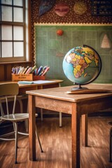 classroom globe on a wooden table with map background, created with generative ai