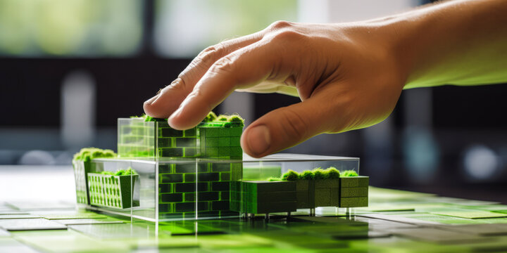 Creating sustainable architectural models using holographic blocks in an eco-friendly design lab, displaying advanced green construction and urban solutions. Generative AI