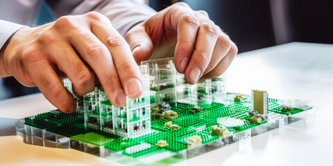 Captivating man's hand assembling sustainable, modular architectural model with holographic building blocks in eco-friendly design lab; emphasizing modern green solutions. Generative AI