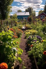 community garden filled with vibrant flowers and vegetables, created with generative ai