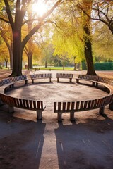 Fototapeta na wymiar park benches arranged in a circle, promoting conversation and connection, created with generative ai