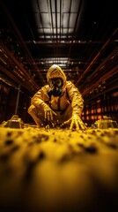 Obraz na płótnie Canvas Biohazard Action: Hazmat-Suited Hero Tackles Toxic Waste. Generative AI