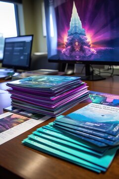 stack of conference brochures and materials, created with generative ai