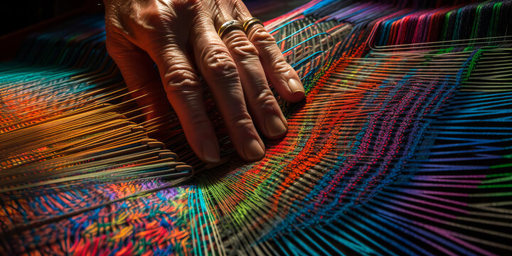 Captivating close-up of a man's hands weaving vibrant tapestry, interlacing threads for expressive artwork representing life's intricate connections. Generative AI