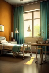 hospital room with bed and iv stand, no people, created with generative ai