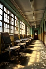 hospital corridor with empty waiting chairs, created with generative ai