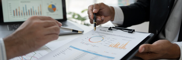 business people meeting in the office Calculate company tax and investment income Strategic planning and colleague brainstorming. Reports. Analyze charts. team work concept.