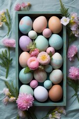 Fototapeta na wymiar top view of a flat lay arrangement of pastel-colored easter eggs, created with generative ai