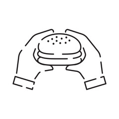 Burger icon vector isolated on white background, hamburger or fast food sign, thin symbols or lined elements in outline style. Snack, junk food and obesity illustration