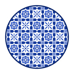Porcelain plate with traditional blue on white design in Asian style. design pattern for background, plate, dish, bowl, lid, tray, salver, vector illustration art embroidery. Morrocco style symbol.