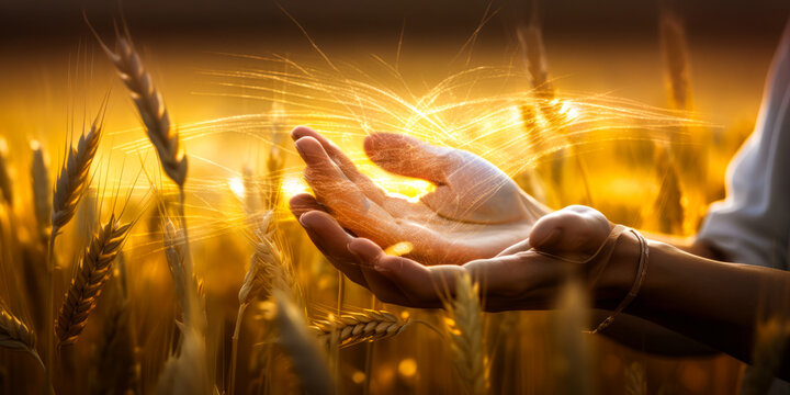 Captivating hands presenting golden wheat field, with gentle wind whispering Earth's generosity and Mother Nature's embrace, blurred background symbolizing life's harmony. Generative AI