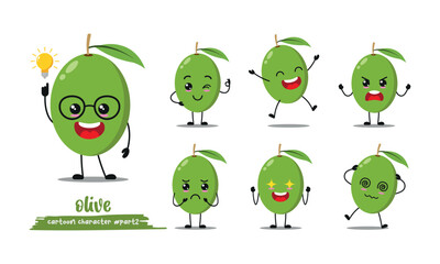 cute green olive cartoon with many expressions. fruit different activity pose vector illustration flat design set.