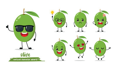 cute green olive cartoon with many expressions. fruit different activity pose vector illustration flat design set with sunglasses.
