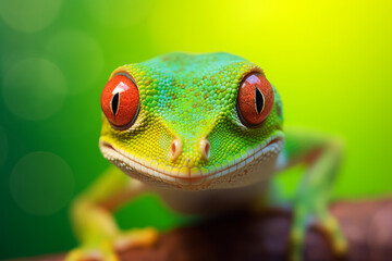 Green gecko looking into camera