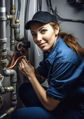 Obraz na płótnie Canvas Woman plumber working near metal pipes indoor, female professional occupation. Generative AI