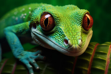 Green gecko looking into camera - obrazy, fototapety, plakaty