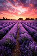 Fototapeta na wymiar lavender field with soft sunset light in background, created with generative ai