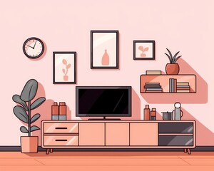 The living room has a two-tone wall and a minimalist TV cabinet. (Illustration, Generative AI)
