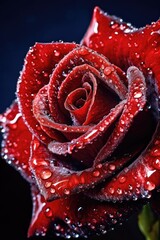 dewdrops glistening on petals of a red rose, created with generative ai
