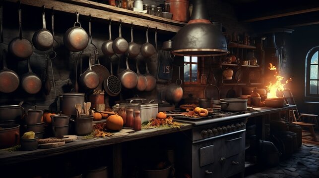 
witch's kitchen, stylized room with herbs and mixes, halloween night, illustration, pictures. Concept: magic and sorcery. Generative AI