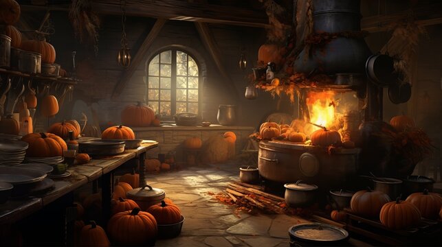 
witch's kitchen, stylized room with herbs and mixes, halloween night, illustration, pictures. Concept: magic and sorcery. Generative AI