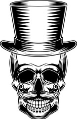 magician's skull, wearing a hat and mustache