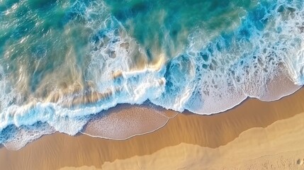 Fototapeta premium Blue sea sandy beach. Ocean waves on the beach as a background. Beautiful natural summer vacation holidays background. Aerial top down view of beach and sea with blue water waves. generative ai