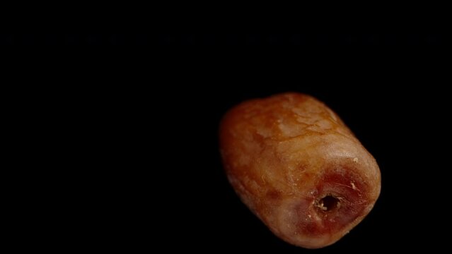 A date fruit finik on a black background, isolated. Dolly slider extreme close-up.