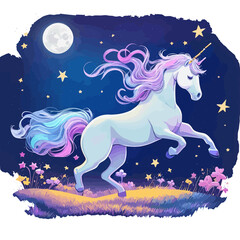 Obraz na płótnie Canvas Stardust Unicorn! Witness the celestial beauty of this stardust unicorn in a starry night