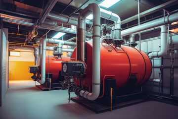 Fototapeta na wymiar Interior of modern industrial boiler room - large metal tanks and pipes, heat generation industry concept. Generative AI