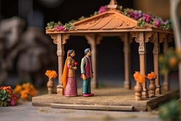 Traditional Indian wedding. Miniature Husband and wife in national outfits. Indian culture, man and woman created with Generative AI Technology