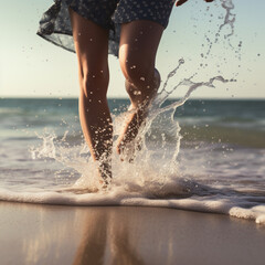 Fototapeta premium Woman walking on the beach, generative AI
