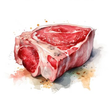 Meat fillet. Raw meat for cooking. Fresh Vegetables and spices. Watercolor illustration created with Generative AI Technology