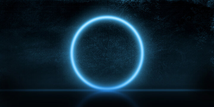 Dunkler Hintergrund mit Grunge Textur - Blauer leuchtender Kreis - Glow Effekt mit Spiegelung