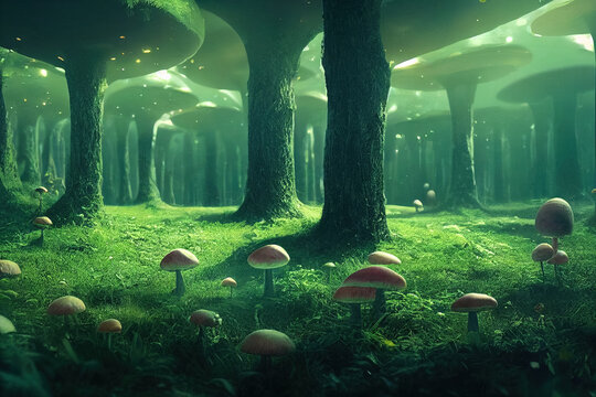 A beautiful, zen-inspired forest landscape abundant with mushrooms. Generative AI