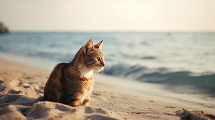 Cat on beach. Cute kitten sitting on sand of seashore. Concept of tranquility, freedom. Summer ocean on background. Beauty pretty animal created with Generative AI Technology
