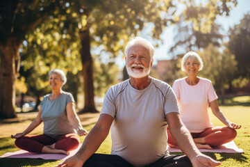 fictional group of seniors participating in a yoga class in a park - obrazy, fototapety, plakaty