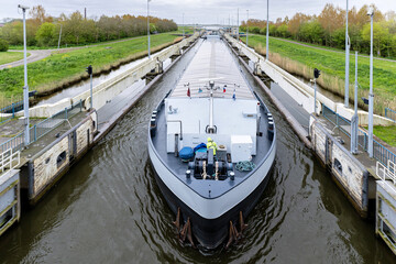 inland general cargo vessel in the Prinses Margrietsluis in Lemmer, Netherlands