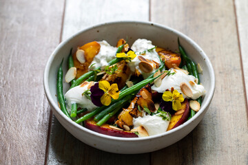 Roast peaches, green beans and burrata salad