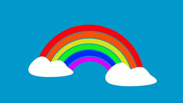 Animated illustration of a beautiful rainbow behind white clouds. concept of natural beauty