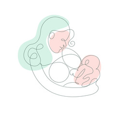 Breastfeeding Mother holding Baby in her arms. Woman Breast Feeding her newborn child vector illustration in Line Art style.