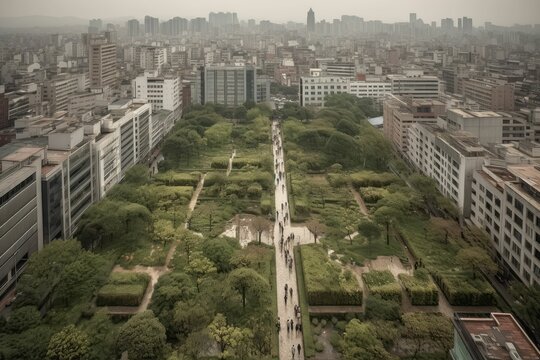 city ​​view from above, green city park