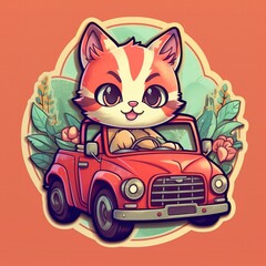 Cute cartoon cat driving a  car Generative Ai
