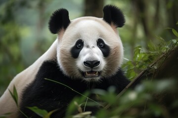 Fototapeta premium Giant panda close up portrait in bamboo forest
