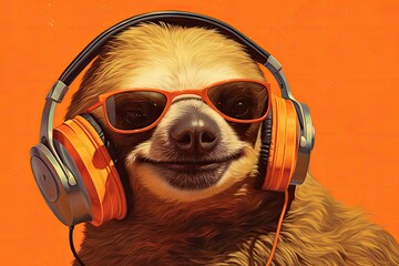 Cool sloth wears sunglasses and  headphones - obrazy, fototapety, plakaty