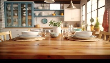 Empty kitchen table with wooden table and white dishes