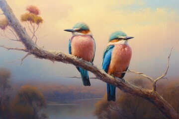 realistic scene of birds perched on tree branches, singing their melodious tunes. oil paints to create a rich texture that brings out the subtle details of their feathers