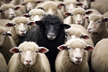 a single black sheep in the middle of the larger white sheep herd